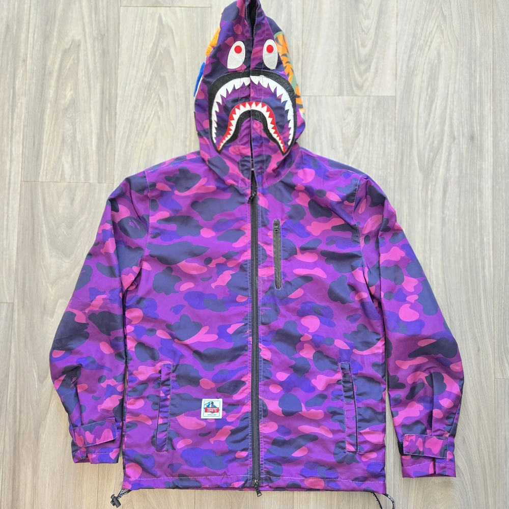 BAPE Bathing Ape Size Large Purple Pink Camouflage Shark Hood Windbreaker Jacket